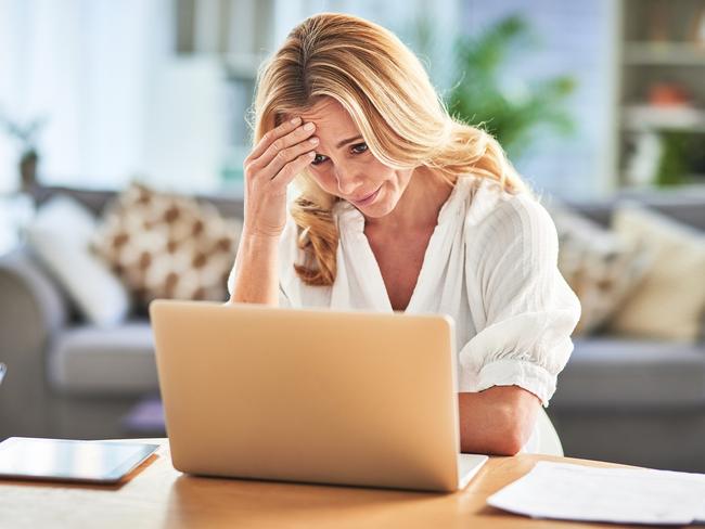 Business woman stress, burnout or laptop anxiety 404 error, financial stress or mental health in house. Depression, tired or remote employee with headache from audit, tax finance or financial debt, mortgage interest rates generic