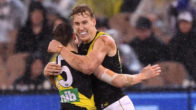 Tom Lynch celebrates a goal with Jayden Short. Picture: AAP