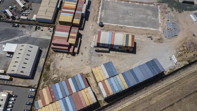 The massive stockpile of recycling stored in shipping containers from above. Picture: Simon Cross 