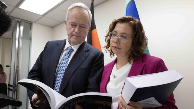 National Disability Insurance Scheme Minister Bill Shorten and Minister for Social Services Amanda Rishworth with the Royal Commission into Violence, Abuse, Neglect and Exploitation of People with Disability. Picture: NCA NewsWire/Kelly Barnes