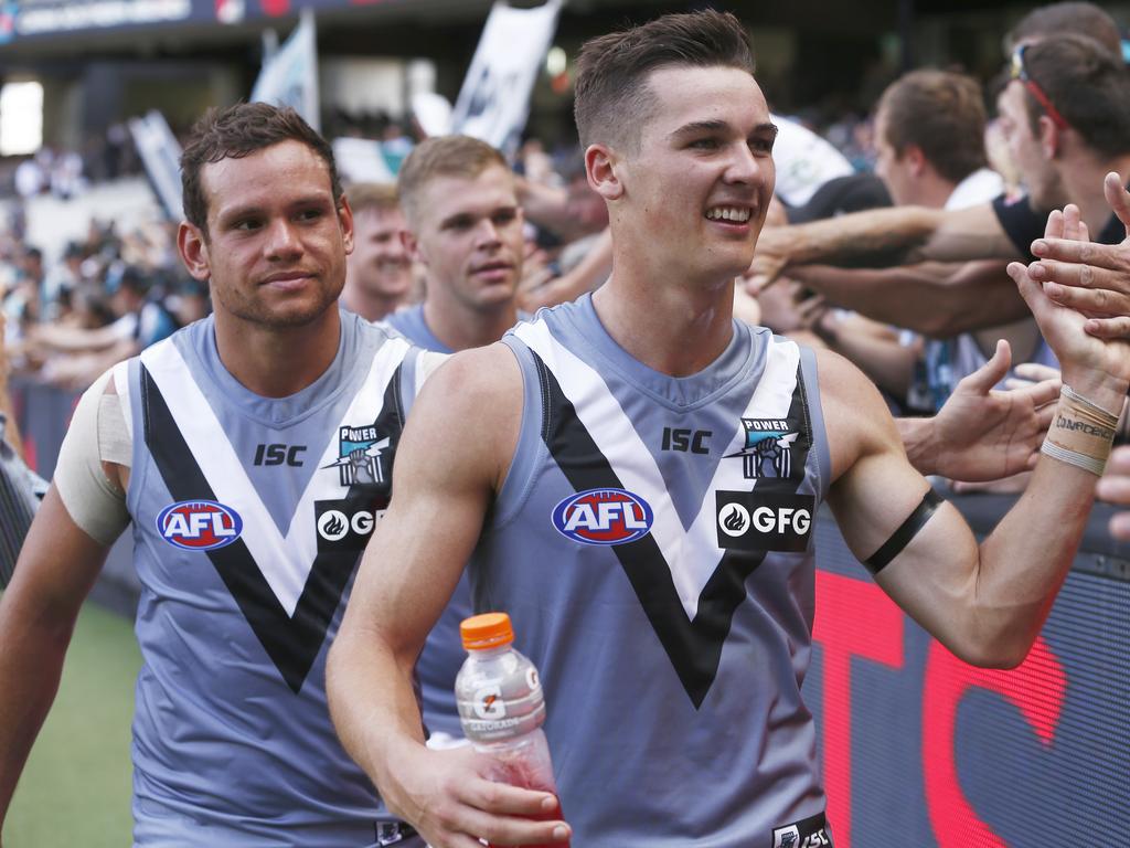 Connor Rozee (right) classy and tough in Saturday’s win. Picture: Daniel Pockett (AAP).