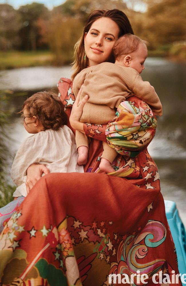 Jesinta Franklin with her two children in the August issue of Marie Claire Australia. Picture: Georges Antoni for Marie Claire Australia