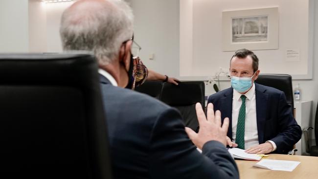 Scott Morrison holds a meeting with Mark McGowan at his office in Perth. Picture: Adam Taylor