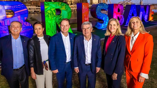 The Brisbane 2032 Coordination Commission, Brisbane 2032 President Andrew Liveris, Mikaela Cojuangco Jaworski Brisbane 2032 IOC Coordination Chair, Brisbane Lord Mayor Adrian Schrinner, IOC President Thomas Bach, IOC President Elect Kirsty Coventry and Brisbane 2032 CEO Cindy Hook. Picture: Nigel Hallett