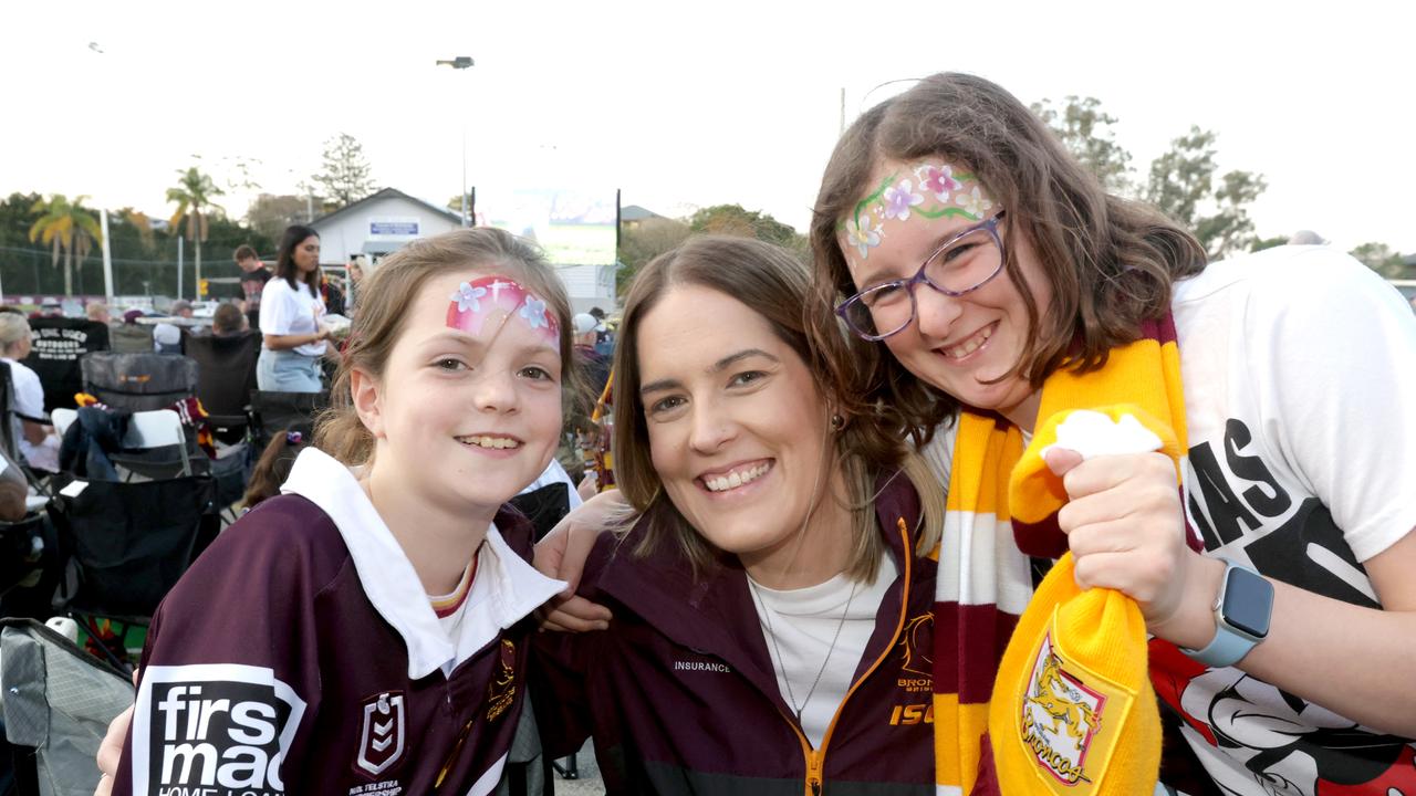 Christine Jones with her kids L to R, Samantha Hlodik 8yrs Mia Jones 13yrs from Burpengary at the Broncos Leagues Club Red Hill Grand Final Live Site, on Sunday 1st October 2023 - Photo Steve Pohlner