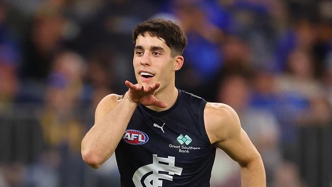 PERTH, AUSTRALIA - APRIL 29: Adam Cerra of the Blues celebrates a goal during the round seven AFL match between the West Coast Eagles and Carlton Blues at Optus Stadium, on April 29, 2023, in Perth, Australia. (Photo by Paul Kane/Getty Images)