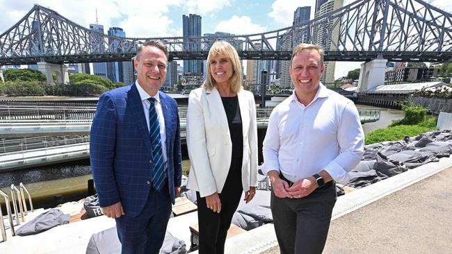 Lord Mayor Adrian Schrinner, Brisbane 2032 CEO Cindy Hook and then Deputy Premier Steven Miles at the 2023 Future Brisbane Summit at Howard Smith Wharves. Picture: Lyndon Mechielsen/Courier Mail