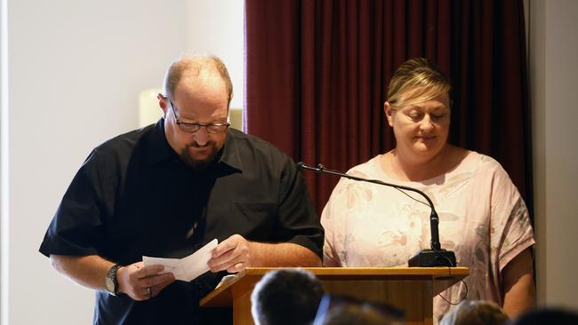 Damian Crook speaks at the funeral of his son Declan Laverty. Mr Laverty, 20, was stabbed to death while working at a Darwin bottle shop on 19 March, 2023. Picture: Brendan Radke