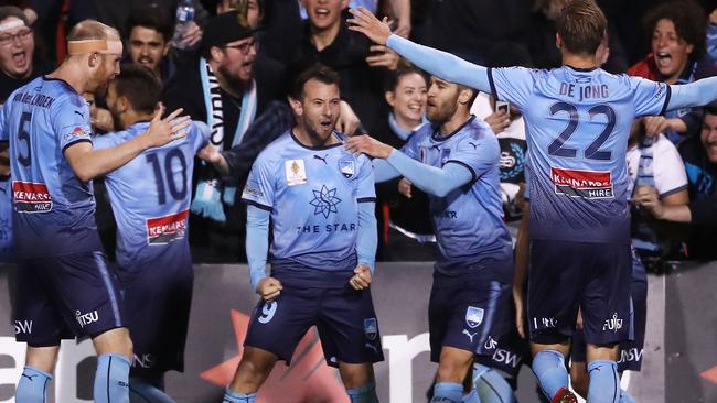 Sydney FC striker Adam Le Fondre celebrates scoring a penalty agains the Wanderers on Saturday night. Picture: Getty Images