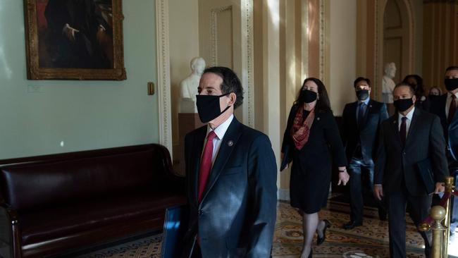 Jamie Raskin leads House impeachment managers to the Senate floor for the start of the trial. Picture: AFP.