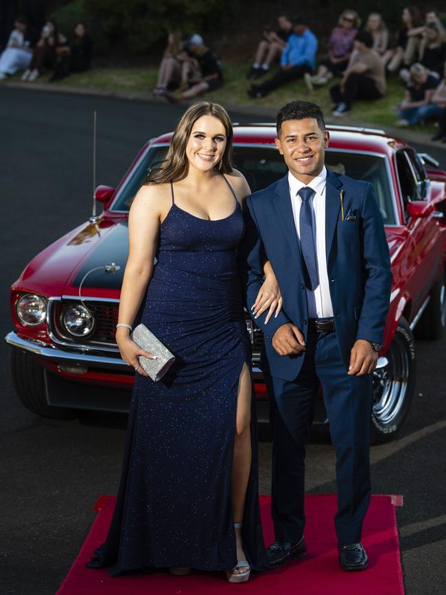 Alanah Crighton and Adnan Alharoni arrive at Harristown State High School formal at Highfields Cultural Centre, Friday, November 18, 2022. Picture: Kevin Farmer