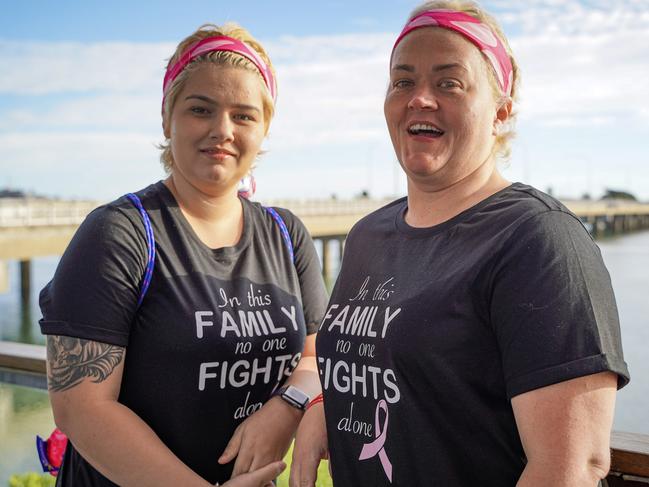 Taylor Giblett and Beth Sammut at the Mackay Mother's Day Classic fun run 2021. They are part of Team Nicola, in support of Ms Giblett's mum Nicola Sammut who is battling Stage 3 breast cancer. Heidi Petith