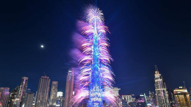 Fireworks light the Burj Khalifa tower in the Gulf emirate of Dubai on Sunday. Picture: AFP