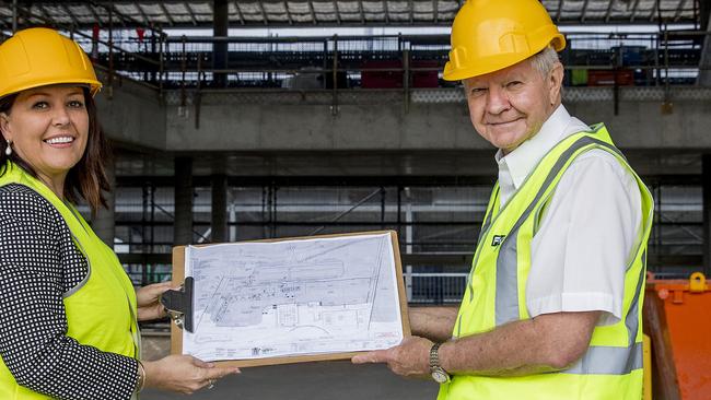 Foxwell State Secondary College while under construction. Graham Foxwell who grew up on the land where the school is currently under construction with Principal Ms Kym Amor. Picture: Jerad Williams