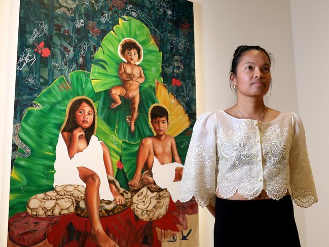 Winner of the Sulman prize Marikit Santiago pictured with her painting The Divine. Picture: NCA NewsWire / Damian Shaw