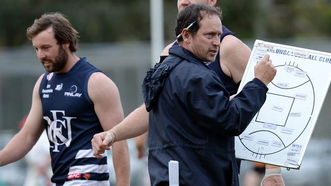 Ex-Noarlunga coach Trevor Mitton, now in charge at Aldinga, helped deliver the Sharks’ first Southern Football League victory since May last year despite being in Uluru. Picture: Naomi Jellicoe