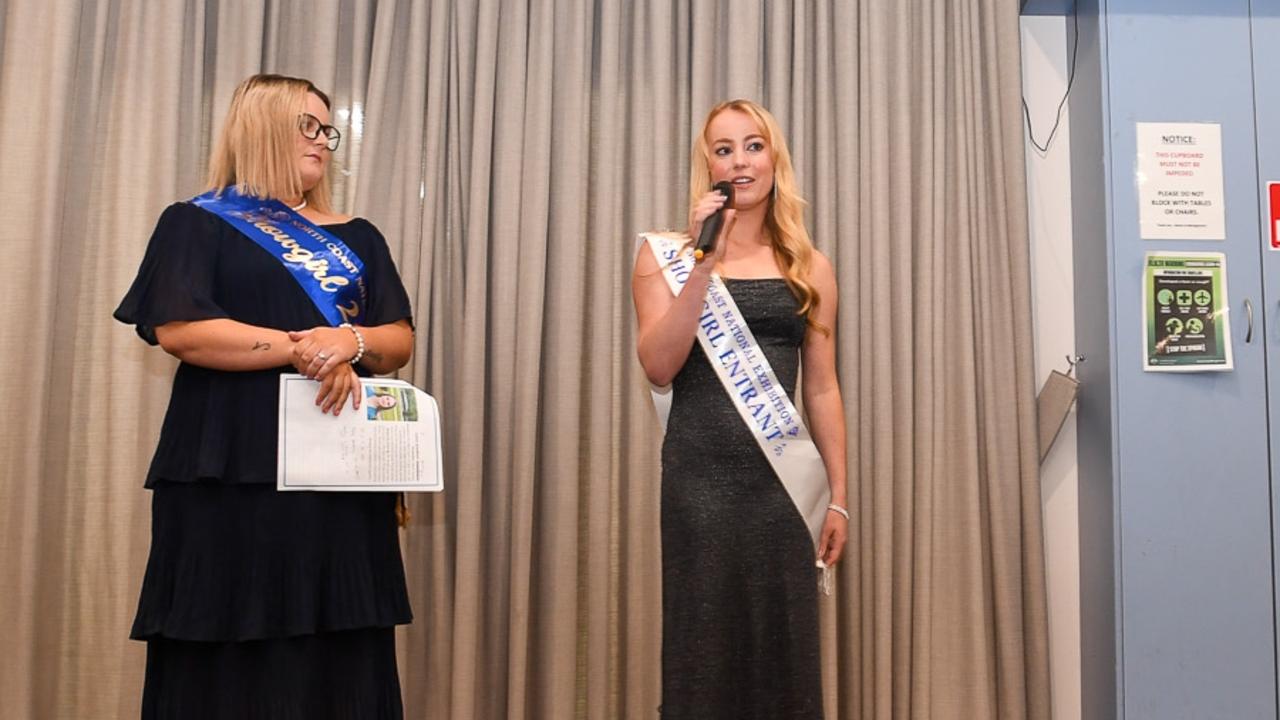 Left: 2021 Young Woman of the Year and North Coast National Showgirl Jenna Fisher interviewing Byron Bay candidate Summer Chaseling at the East Lismore Bowling Club for the 2022 showgirl competition. Picture: Cath Piltz