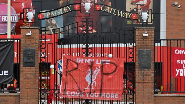 Banners critical of the European Super League project hang from the railings of Anfield stadium, home of Liverpool. Picture: AFP