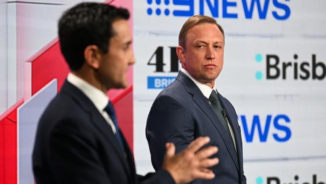 Queensland Premier Steven Miles (right), and Opposition David Crisafulli during their first state election debate at Nine studios in Brisbane. Picture: 9News Queensland / Dan Peled