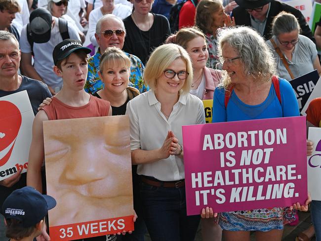 Senator Amanda Stoker addresses an anti-abortion rally in 2021. Picture: Lyndon Mechielsen