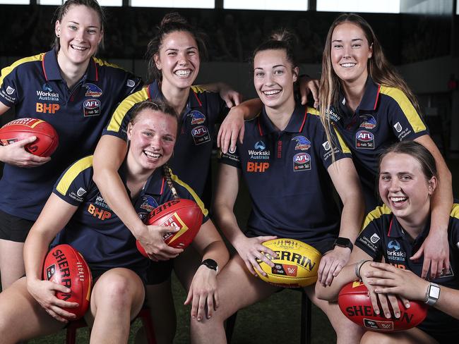 Six of the eight new Adelaide Crows recruits picked up in the AFLW draft: Nicole Campbell, Jaimi Tabb, Najwa Allen, Caitlin Gould, Madison Newman and Chelsea Biddell. Picture: SARAH REED