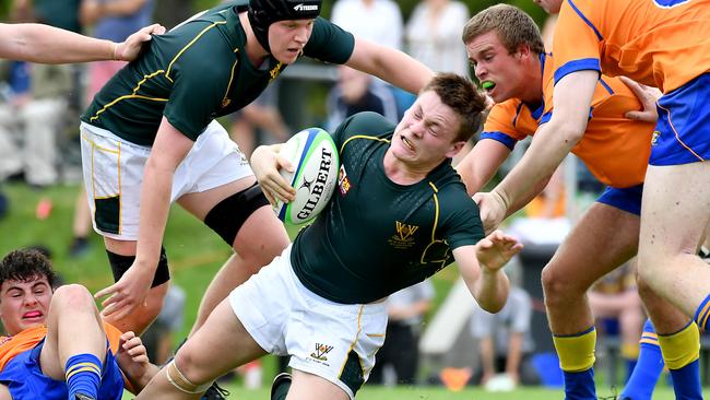 Ben Addley with the ball and Jackson Moloney in support with headgear. Picture, John Gass