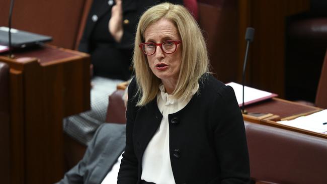 Katy Gallagher makes a statement about her knowledge of Brittany Higgins' rape claims in the Senate. Picture: NCA NewsWire / Martin Ollman