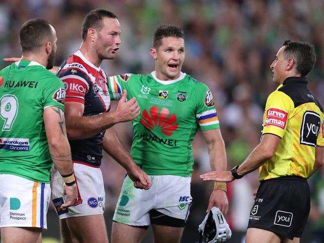 SYDNEY, AUSTRALIA - OCTOBER 06:  Boyd Cordner of the Roosters talks with referee Gerard Sutton during the 2019 NRL Grand Final match between the Canberra Raiders and the Sydney Roosters at ANZ Stadium on October 06, 2019 in Sydney, Australia. (Photo by Matt King/Getty Images)