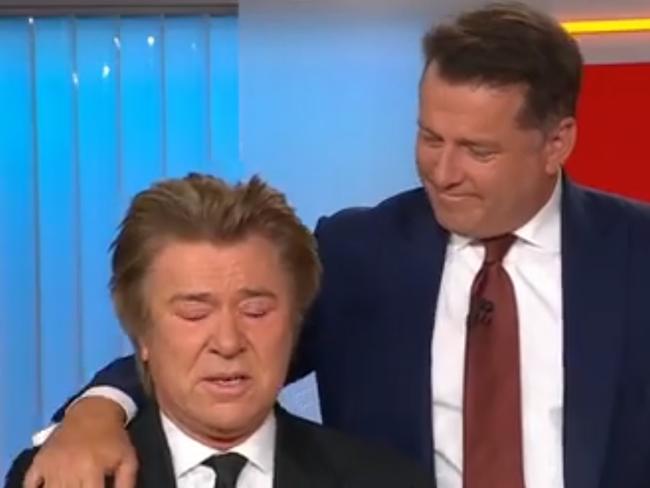 Veteran entertainment reporter Richard Wilkins broke down and sobbed on air as he paid tribute to his dear friend. Picture: Channel 9