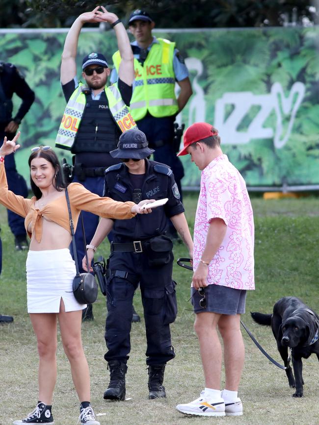 Police with sniffer dogs search people after they enter through the main entrance at the Listen Out Music Festival in Sydney in October. Picture by Damian Shaw