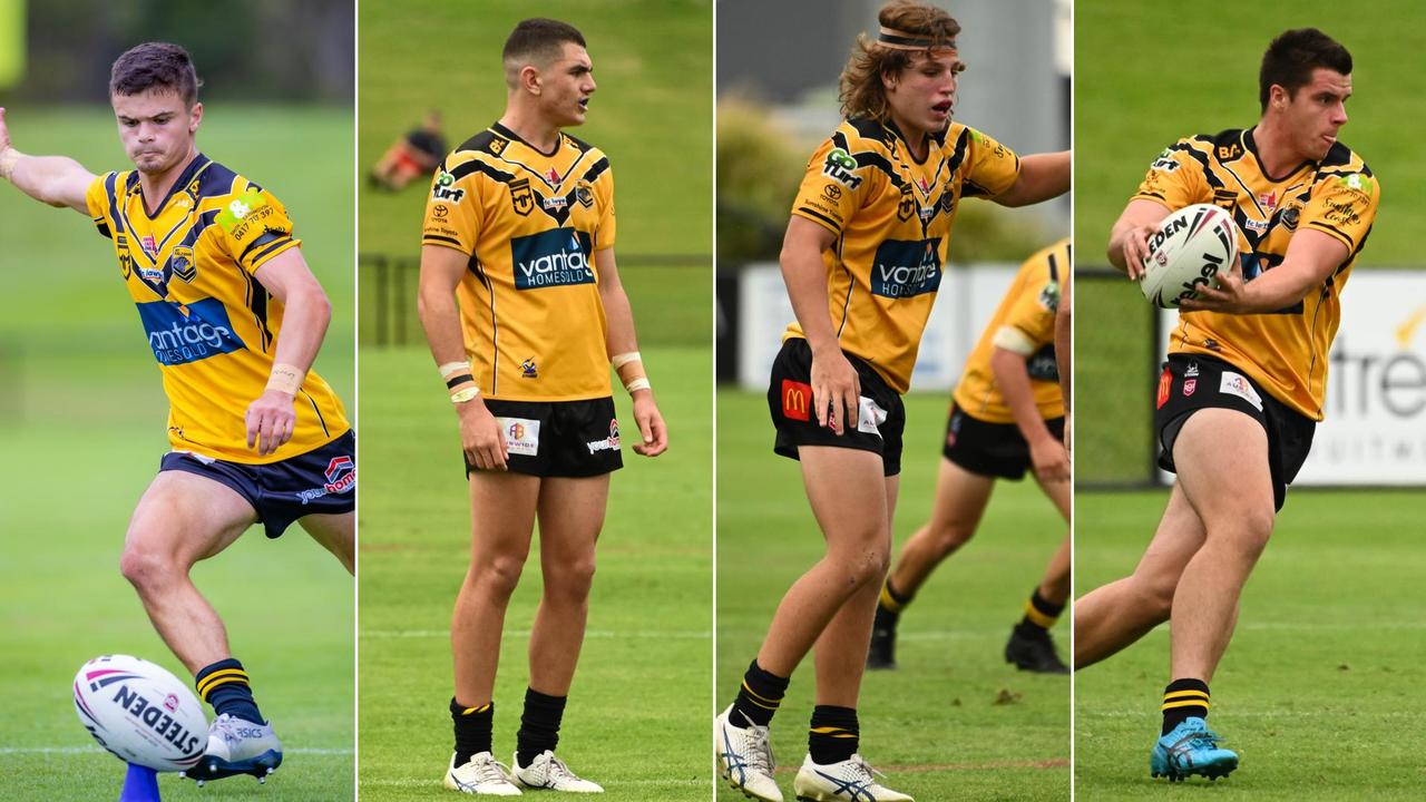 Sunshine Coast Falcons 2023 Mal Meninga Cup players Finn Lawson, Jo Meikle, Mitch Bebbington and Beau Lucien. Pictures: Phil Bradeley Sports Photography and kyliesfootyphotos/Kylie McLellan.