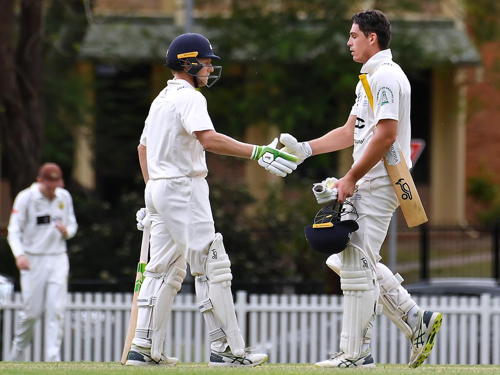 University batsman Bryce Street and Angus Lovell University v Ipswich in the Sci-Fleet first grade competition. Saturday October 1, 2022. Picture, John Gass