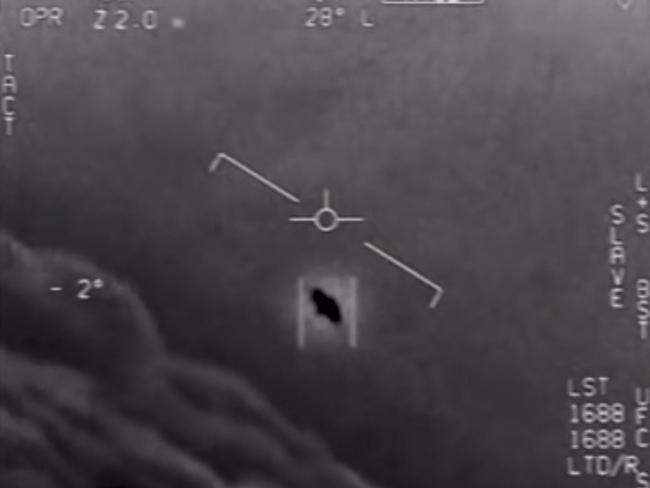 A grab from an authentic video taken by navy pilots of an encounter with an unidentified aerial phenomena. Picture: US Department of Defence/AFP/Handout