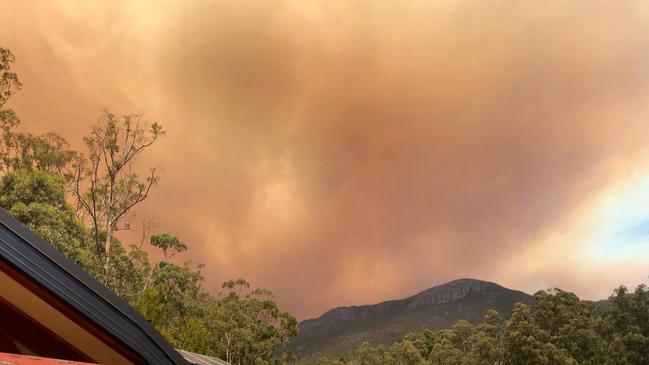 A smoke plume from the Gell River fire over Mount Wellington, taken from South Hobart. Picture: Peter Grant