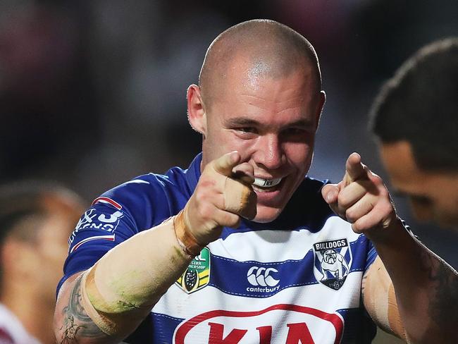 Bulldog's David Klemmer celebrates with teammates the try of Reimis Smith during NRL match Manly Sea Eagles v Canterbury Bulldogs at McGrath Foundation Stadium. Picture. Phil Hillyard