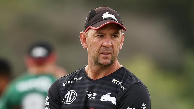 SYDNEY, AUSTRALIA – APRIL 09: Rabbitohs head coach Jason Demetriou looks on during a South Sydney Rabbitohs NRL training session at USANA Rabbitohs Centre on April 09, 2024 in Sydney, Australia. (Photo by Matt King/Getty Images)