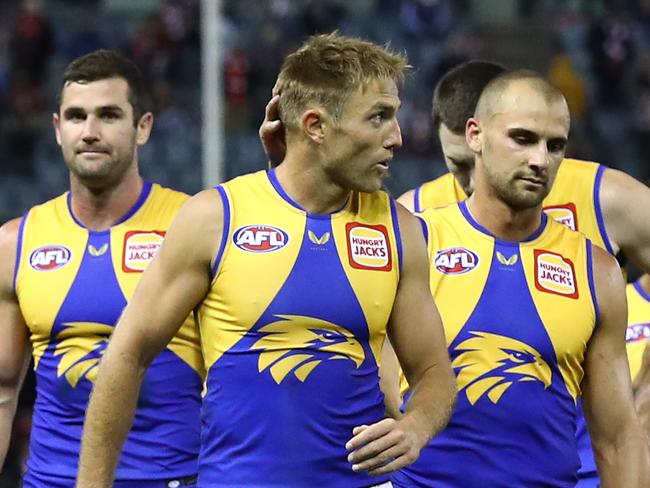 MELBOURNE, AUSTRALIA - APRIL 10: Brad Sheppard of the Eagles looks dejected as he leads off his team after losing the round four AFL match between the St Kilda Saints and the West Coast Eagles at Marvel Stadium on April 10, 2021 in Melbourne, Australia. (Photo by Mike Owen/Getty Images)