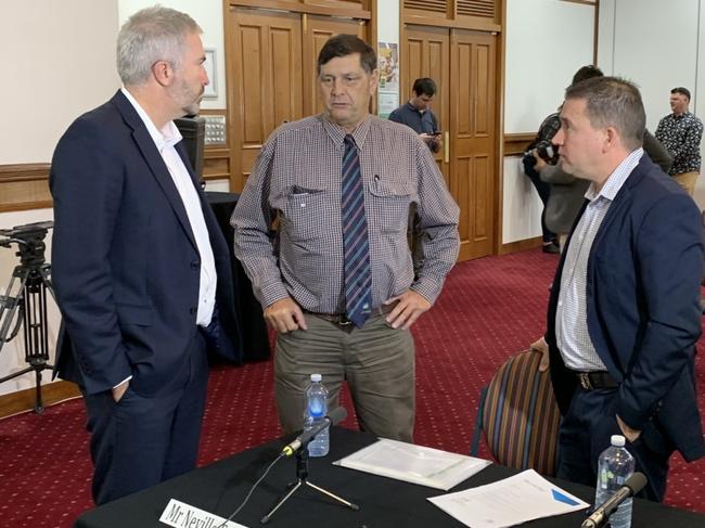 Senator Anthony Chisholm, Banana Shire mayor Nev Ferrier, Gladstone Region mayor Matt Burnett