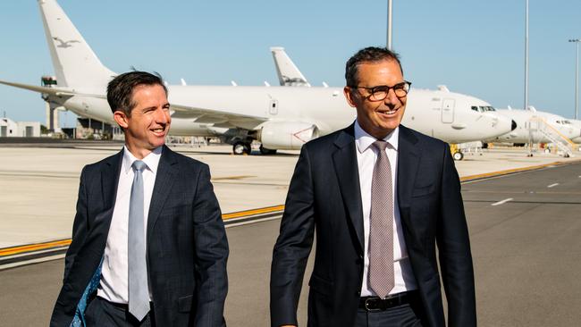 Senator Simon Birmingham and Premier of South Australia Steven Marshall at the RAAF base in Edinburgh earlier this month.