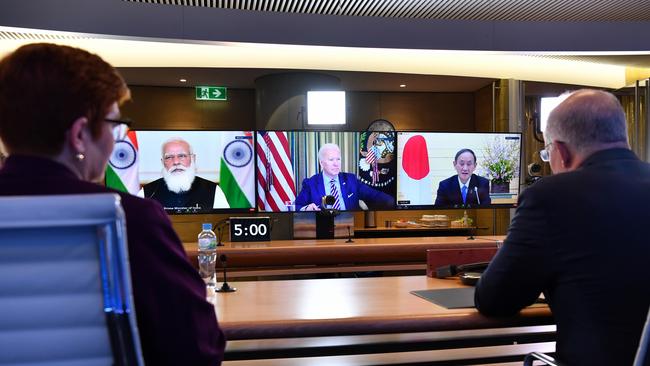 Marise Payne and Scott Morrison during the inaugural Quad leaders meeting in March. Picture: AAP Image/Pool/Dean Lewins