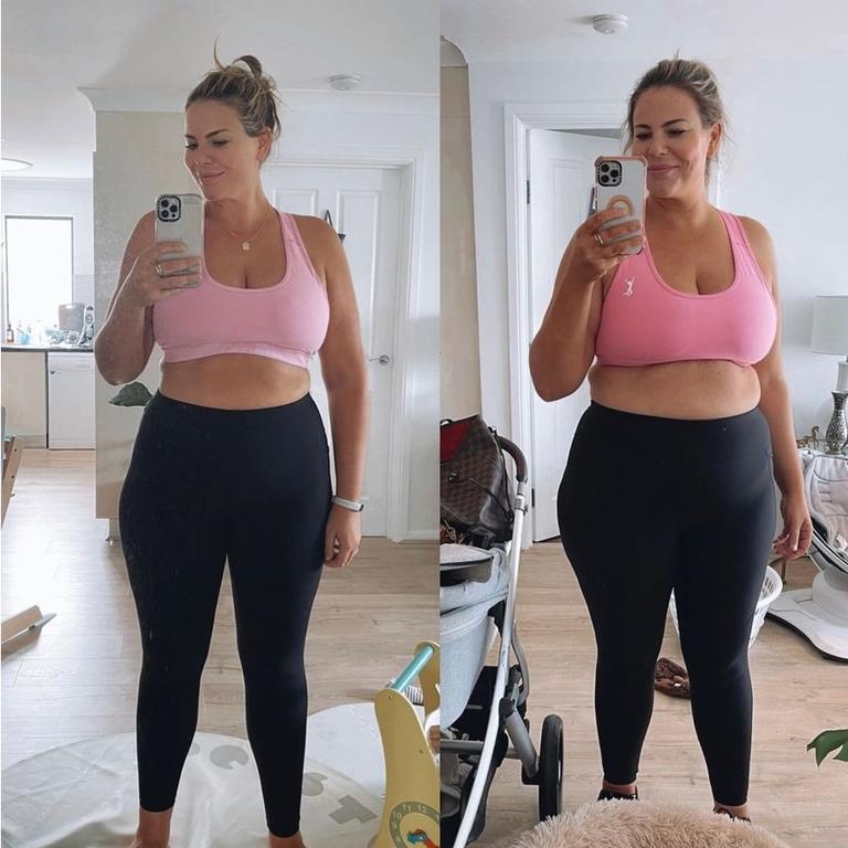 Fiona Falkiner, 38, has showed off her 10kg weight loss in a before and after snap. Picture: Instagram/FionaFalkiner