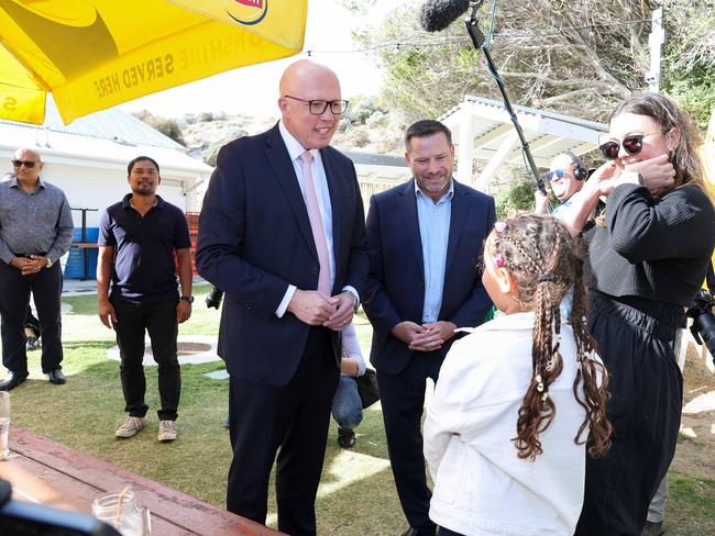 Peter Dutton while on the 2025 federal election campaign at Orion Cafe at Yanchep in Western Australia where he met some locals and candidate Jan Norberger and Senator Linda Reynolds. Picture: Adam Head / NewsWire