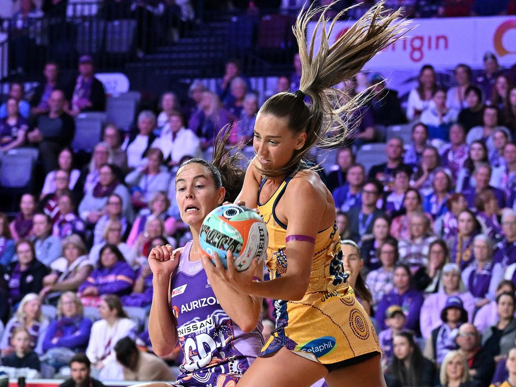 Sunshine Coast’s Cara Koenen holds possession during the win against the Firebirds. Picture: Bradley Kanaris/Getty Images