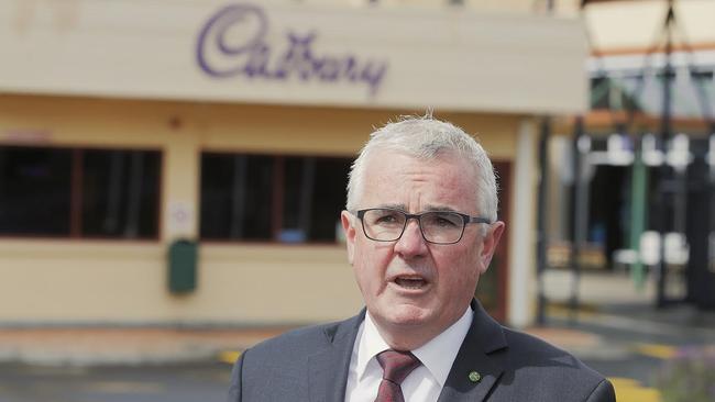 Denison MHR Andrew Wilkie outside the Cadbury factory in Claremont today after parent company Mondelez International announced more job cuts. Picture: RICHARD JUPE