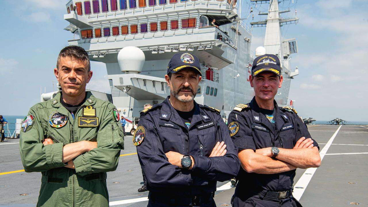 Commander and Capt Dario Castelli Air Wing Commander, Rear Admiral Giancarlo Ciappina IT navy CSG and Capt Milos Argenton. Picture: Pema Tamang Pakhrin