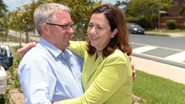 Former Mackay MP Tim Mulherin is embraced by Premier Annastacia Palaszczuk as he announces his retirement from politics in Mackay. Picture: Lee Constable / Daily Mercury