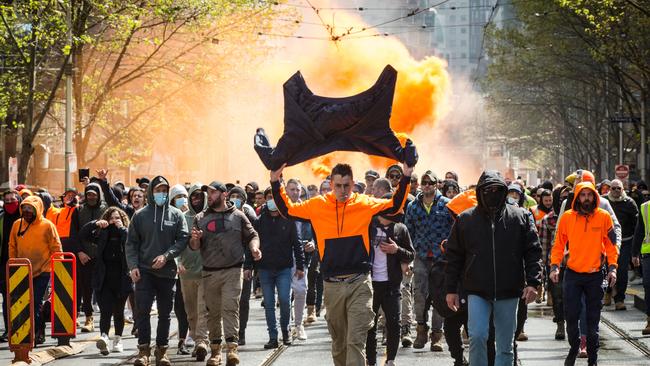 Construction workers and anti-vaxxers march through the streets of Melbourne this week. Picture: Getty