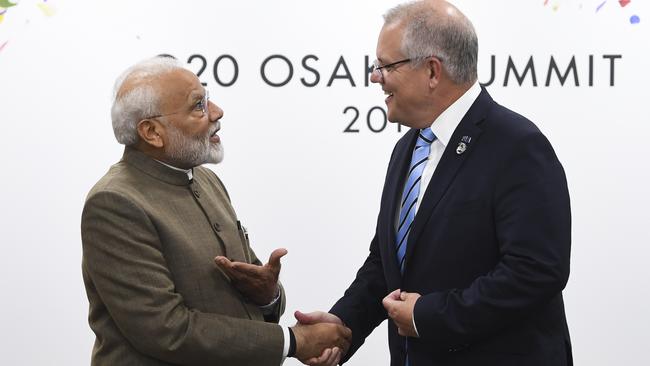 Scott Morrison greets Indian Prime Minister Narendra Modi during a bilateral meeting at the G20 summit in Osaka, Japan, in June. Picture: AAP