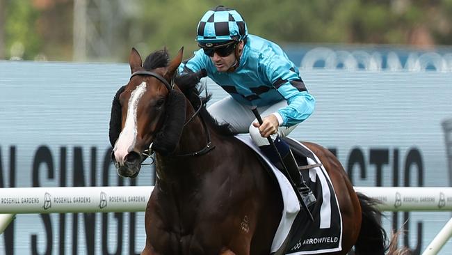 SYDNEY, AUSTRALIA - FEBRUARY 01: Tyler Schiller riding Blitzburg win Race 3 Arrowfield Canonbury Stakes during Sydney Racing at Rosehill Gardens on February 01, 2025 in Sydney, Australia. (Photo by Jeremy Ng/Getty Images)