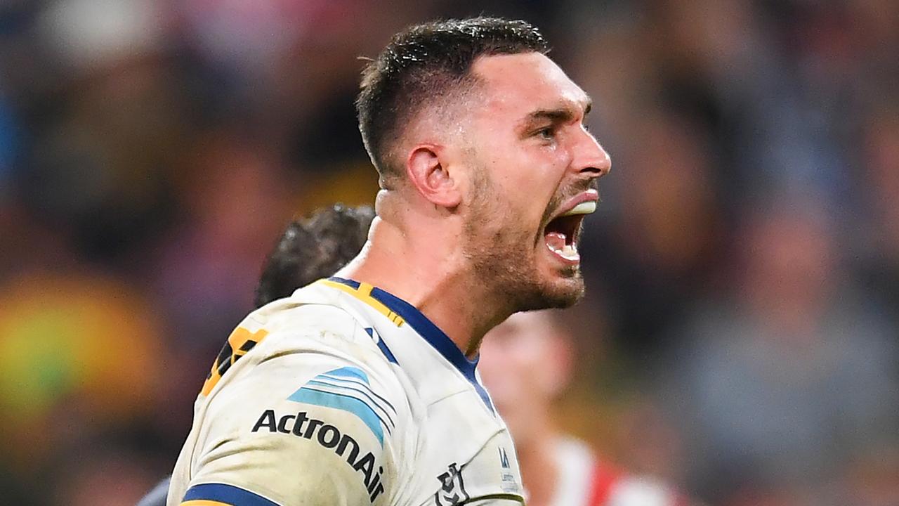 BRISBANE, AUSTRALIA - MAY 15: Ryan Matterson of the Eels celebrates scoring a try during the round 10 NRL match between the Sydney Roosters and the Parramatta Eels at Suncorp Stadium, on May 15, 2022, in Brisbane, Australia. (Photo by Albert Perez/Getty Images)